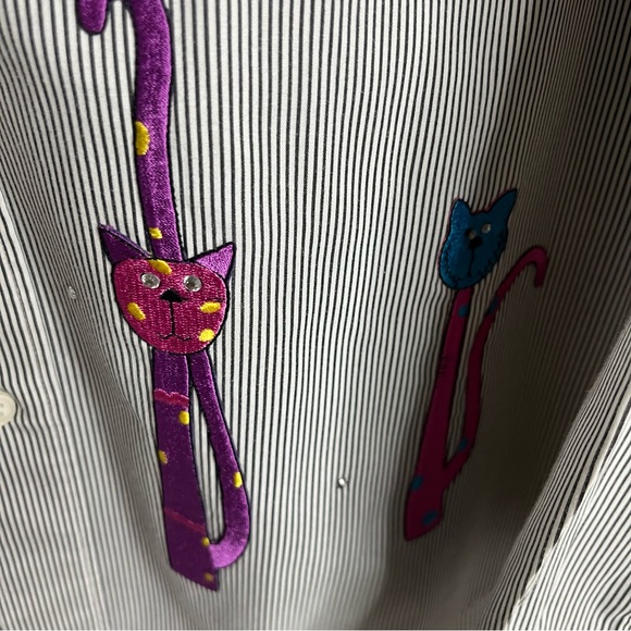 Vintage MiLi Colorful Applique Cat Mice Blouse Sequins Large Striped Long Sleeve - Picture 7 of 11